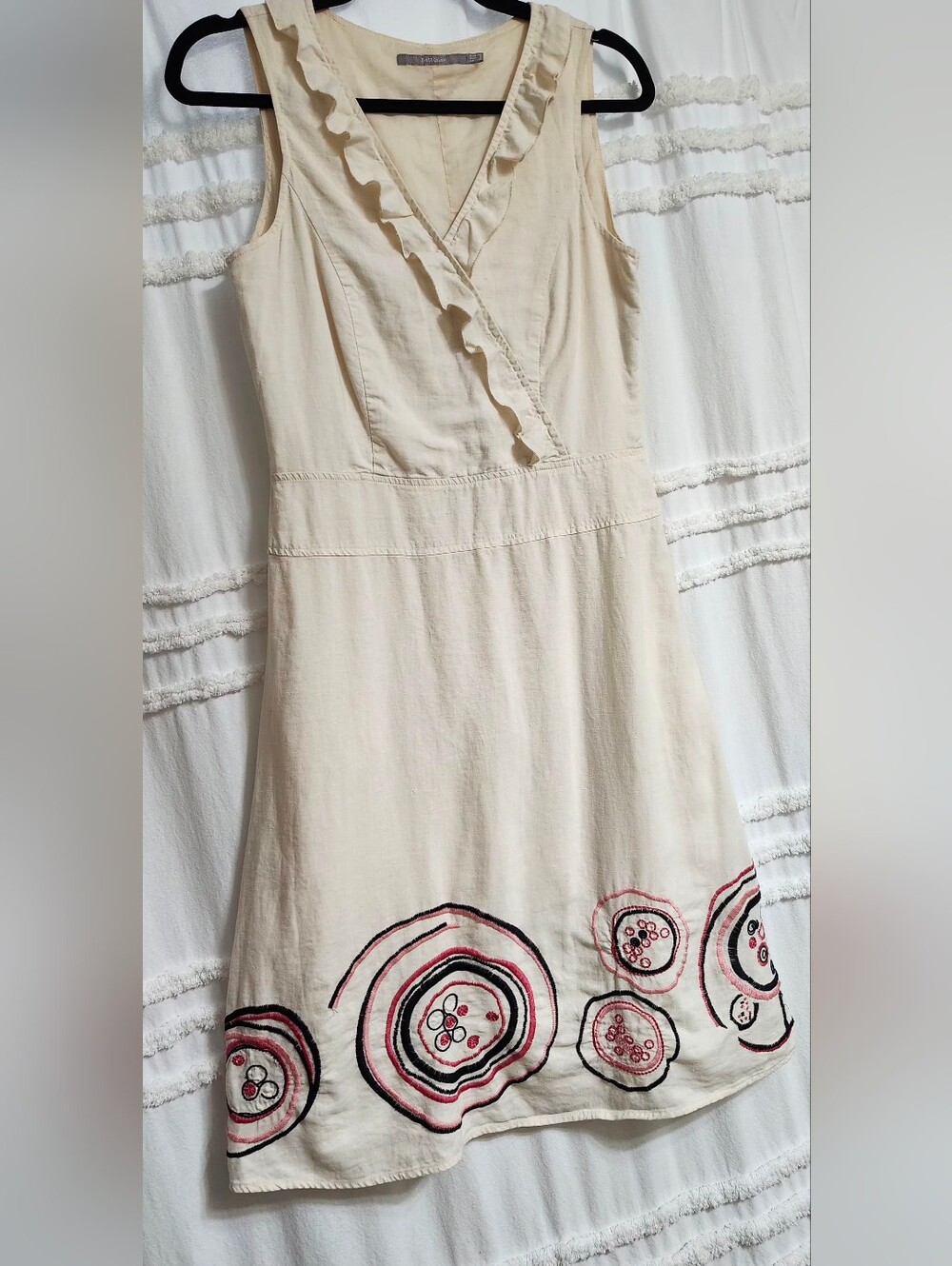 Linen & Viscose Cream Midi Dress With Embroidery.